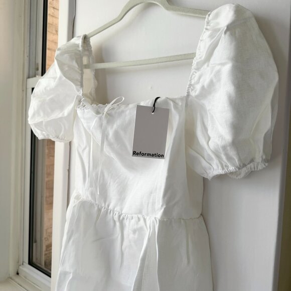 NWT Reformation Malvina Linen Puff-Sleeve Mini Dress White 10 - Picture 7 of 12